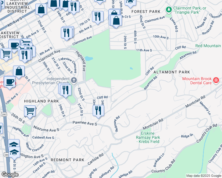 map of restaurants, bars, coffee shops, grocery stores, and more near 3400 Cliff Road in Birmingham
