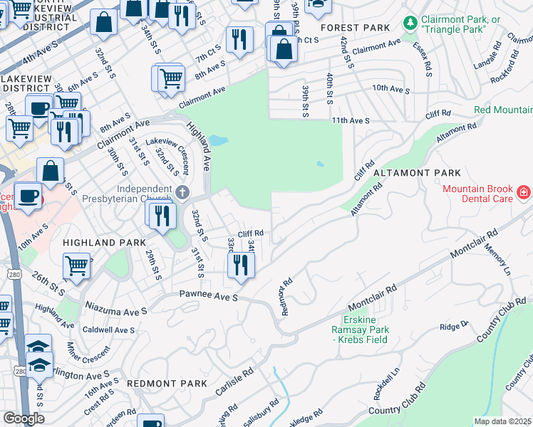 map of restaurants, bars, coffee shops, grocery stores, and more near 3400 Cliff Road in Birmingham