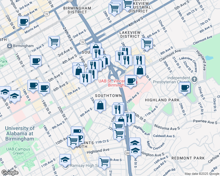 map of restaurants, bars, coffee shops, grocery stores, and more near 2507 9th Avenue South in Birmingham