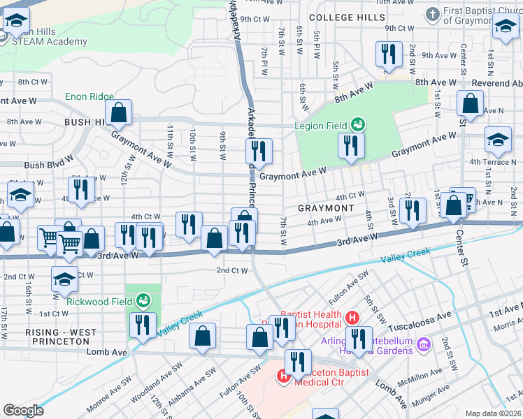 map of restaurants, bars, coffee shops, grocery stores, and more near 725 4th Court West in Birmingham