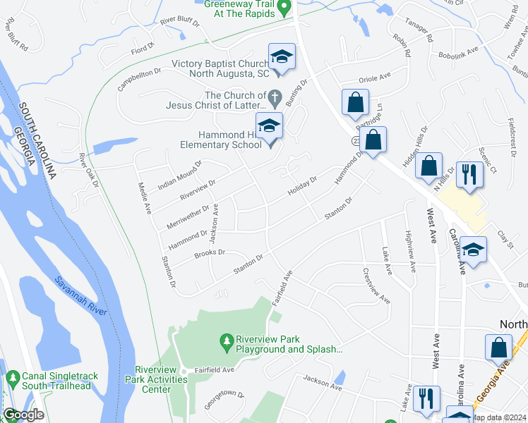 map of restaurants, bars, coffee shops, grocery stores, and more near 816 West Woodlawn Avenue in North Augusta