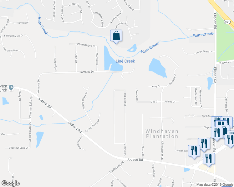 map of restaurants, bars, coffee shops, grocery stores, and more near 145 Oak Leaf Drive in Stockbridge