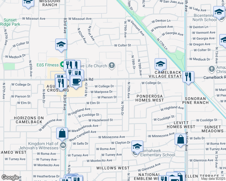 map of restaurants, bars, coffee shops, grocery stores, and more near 7956 West Mariposa Drive in Phoenix