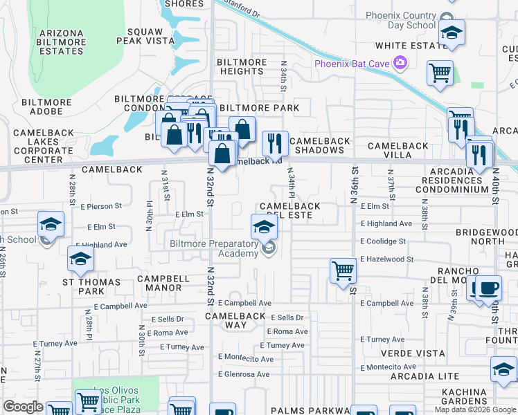 map of restaurants, bars, coffee shops, grocery stores, and more near 4719 North 33rd Street in Phoenix