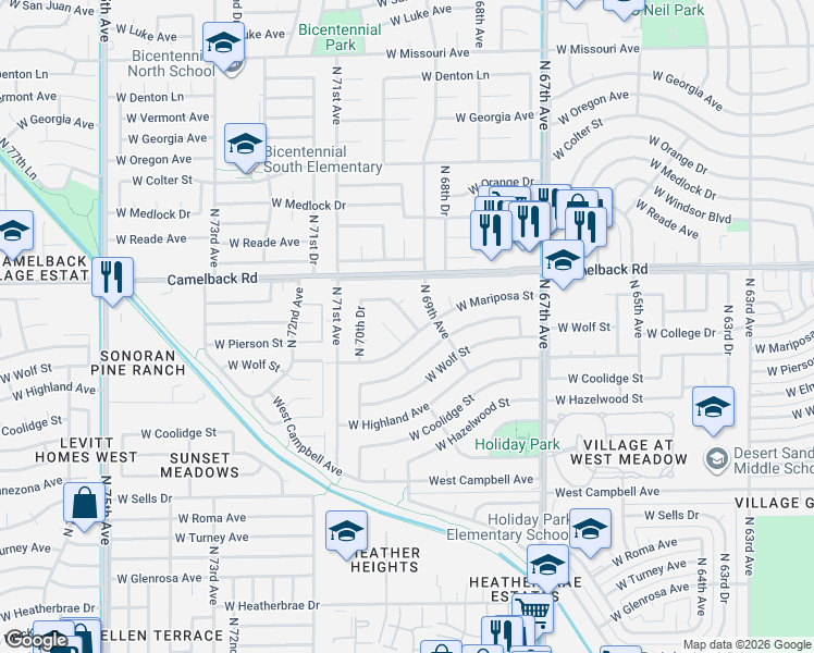 map of restaurants, bars, coffee shops, grocery stores, and more near 7002 West Mariposa Drive in Phoenix