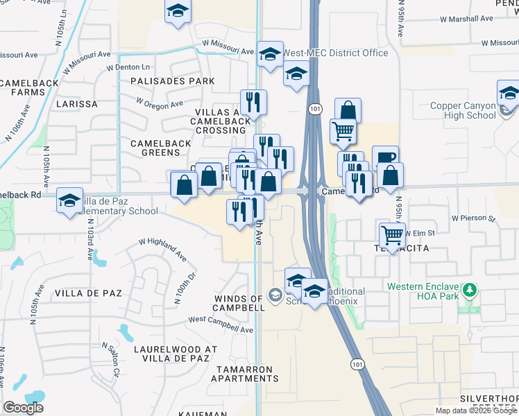 map of restaurants, bars, coffee shops, grocery stores, and more near 4225 North 99th Avenue in Phoenix