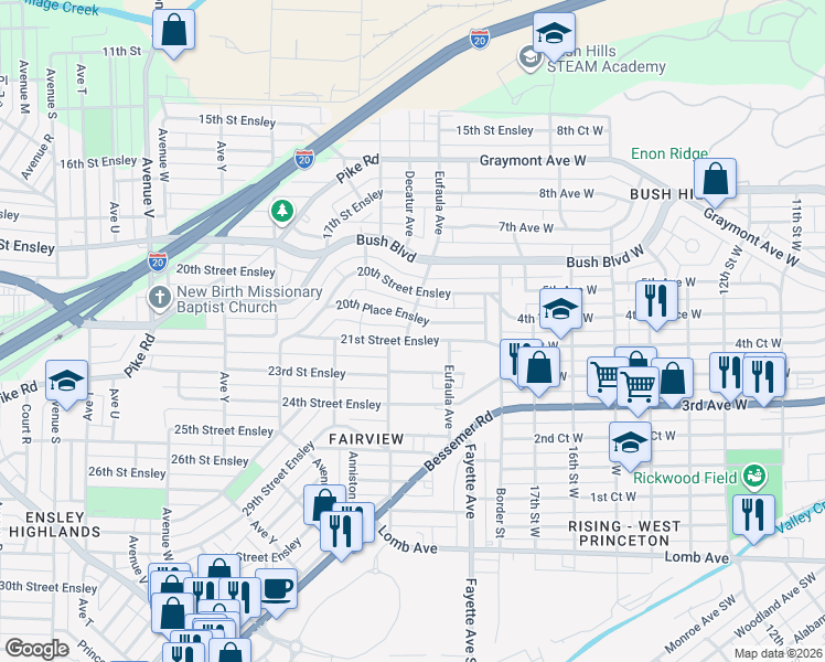 map of restaurants, bars, coffee shops, grocery stores, and more near 2813 21st Street Ensley in Birmingham