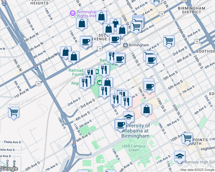 map of restaurants, bars, coffee shops, grocery stores, and more near in Birmingham