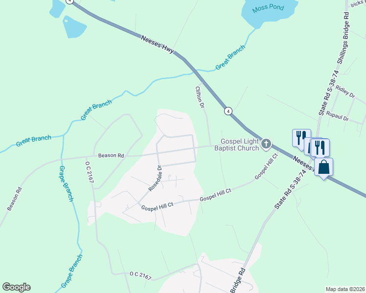 map of restaurants, bars, coffee shops, grocery stores, and more near 409 Beason Road in Orangeburg