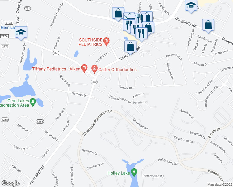 map of restaurants, bars, coffee shops, grocery stores, and more near 409 Tracewood Place in Aiken