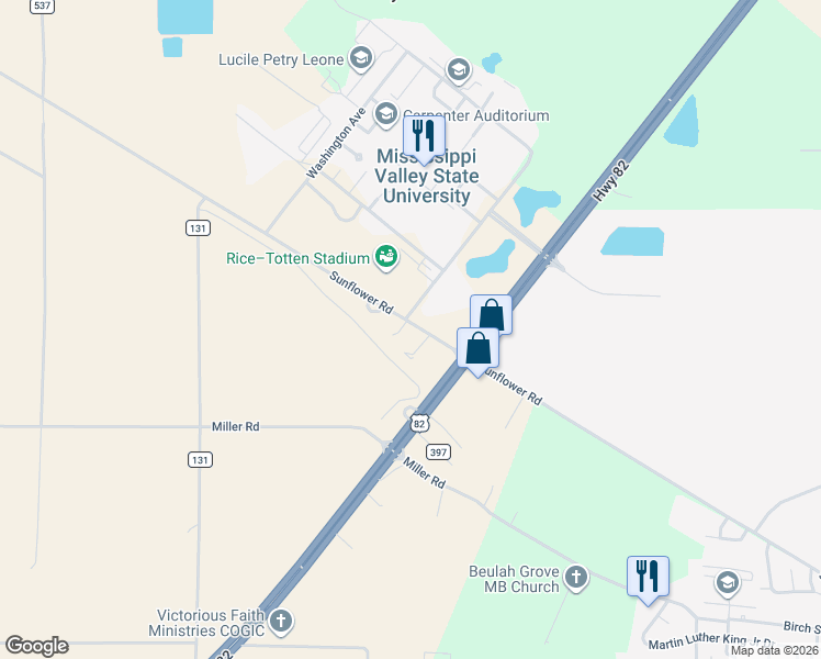 map of restaurants, bars, coffee shops, grocery stores, and more near 41082 County Road 507 in Itta Bena