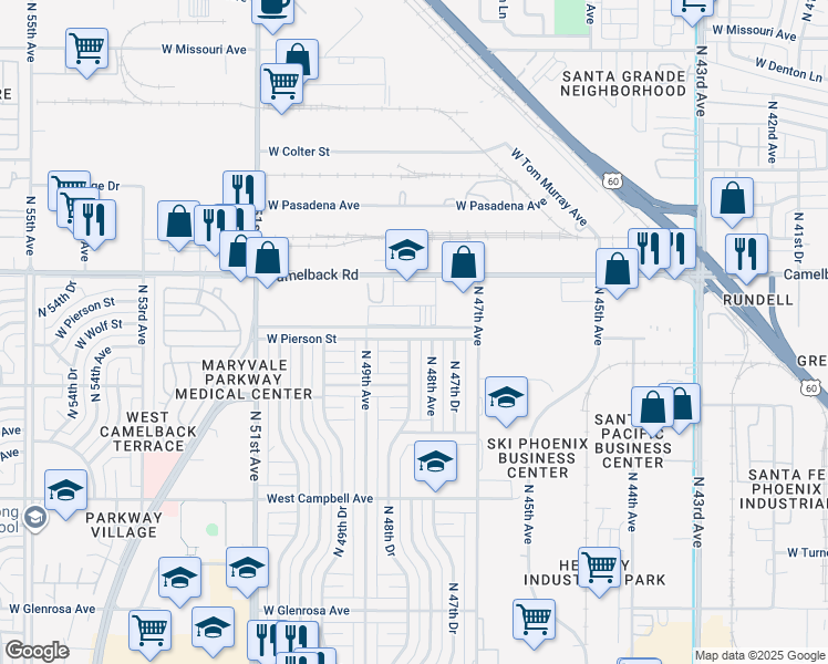 map of restaurants, bars, coffee shops, grocery stores, and more near 4737 North 48th Drive in Phoenix