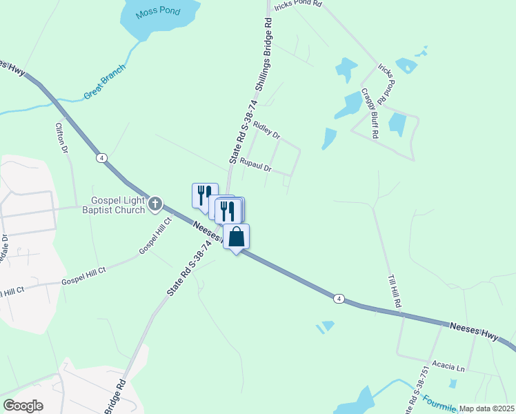 map of restaurants, bars, coffee shops, grocery stores, and more near 1391 Shillings Bridge Road in Orangeburg