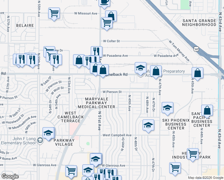 map of restaurants, bars, coffee shops, grocery stores, and more near 4745 North 50th Avenue in Phoenix