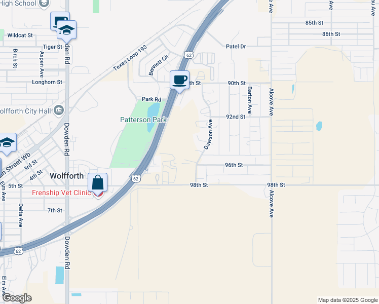 map of restaurants, bars, coffee shops, grocery stores, and more near 9200-9298 Dawson Ave in Wolfforth