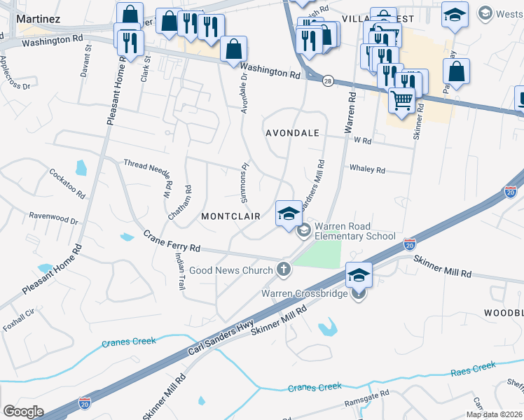 map of restaurants, bars, coffee shops, grocery stores, and more near 218 Kings Chapel Road in Augusta