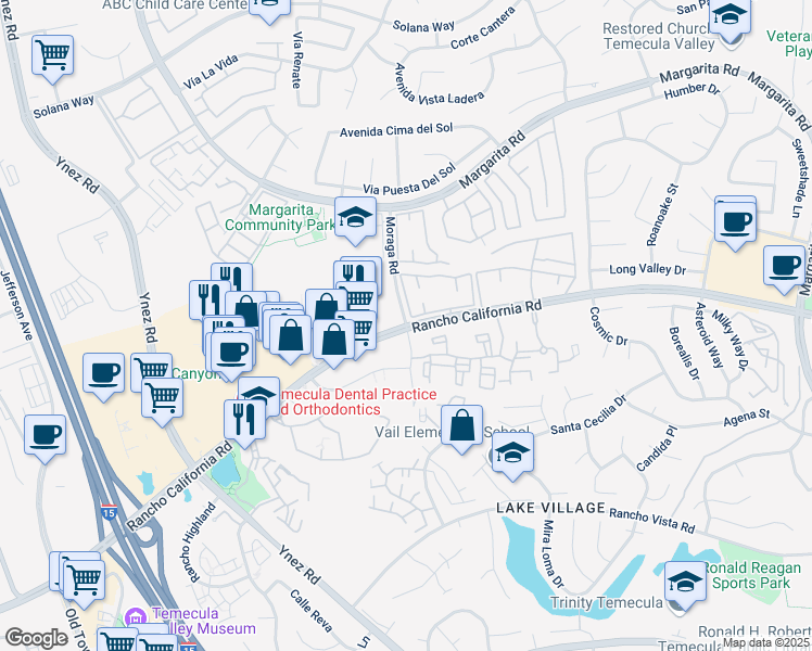 map of restaurants, bars, coffee shops, grocery stores, and more near Rancho California Rd & Moraga Rd in Temecula