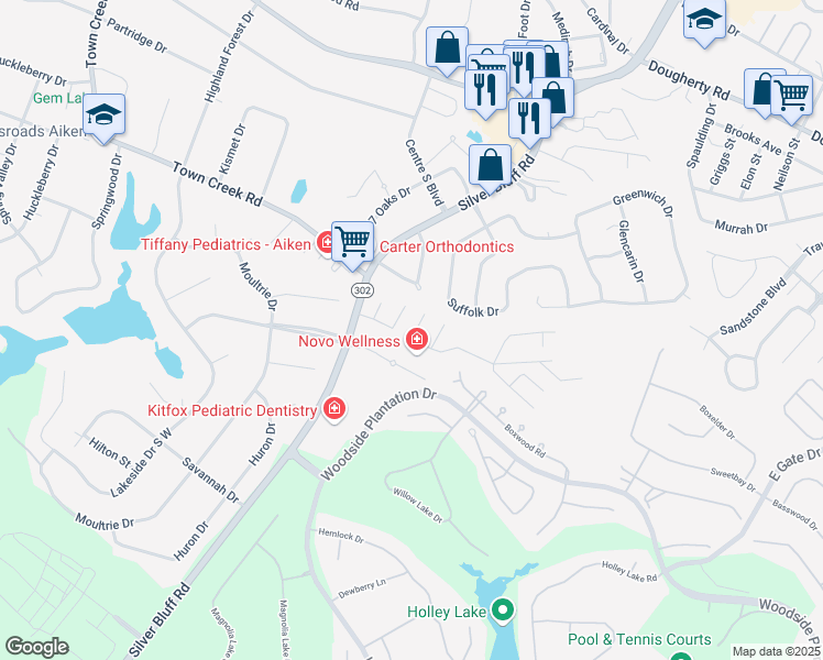 map of restaurants, bars, coffee shops, grocery stores, and more near 301 Merlot Place in Aiken