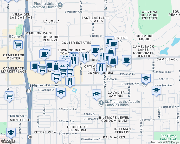 map of restaurants, bars, coffee shops, grocery stores, and more near 4745 North 22nd Street in Phoenix