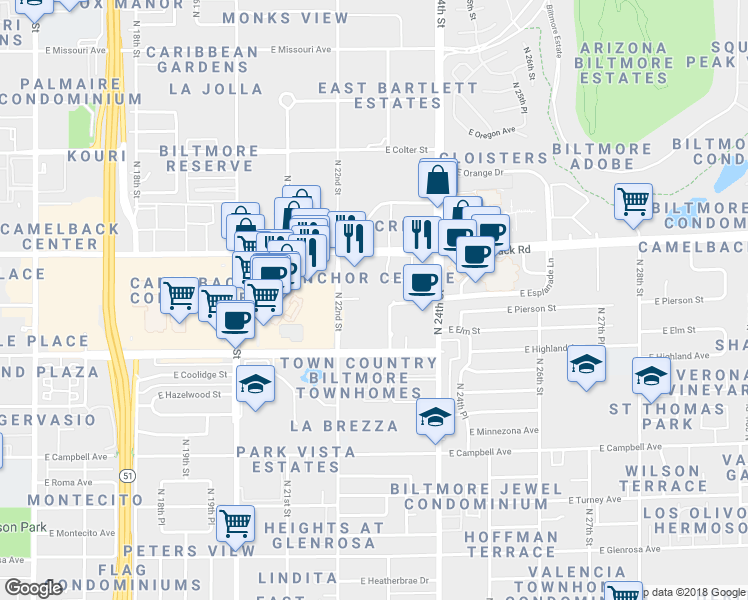map of restaurants, bars, coffee shops, grocery stores, and more near 4745 North 22nd Street in Phoenix
