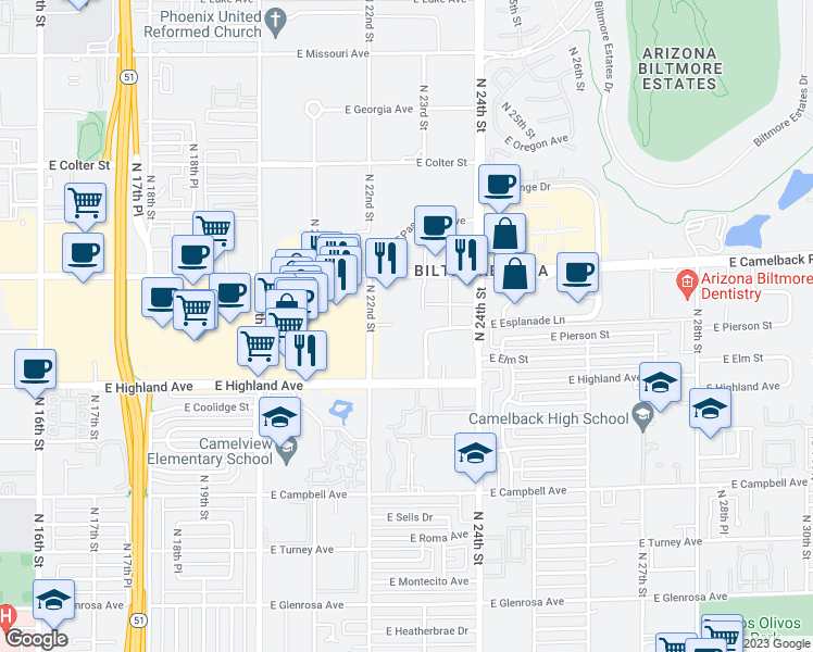 map of restaurants, bars, coffee shops, grocery stores, and more near 4745 North 22nd Street in Phoenix