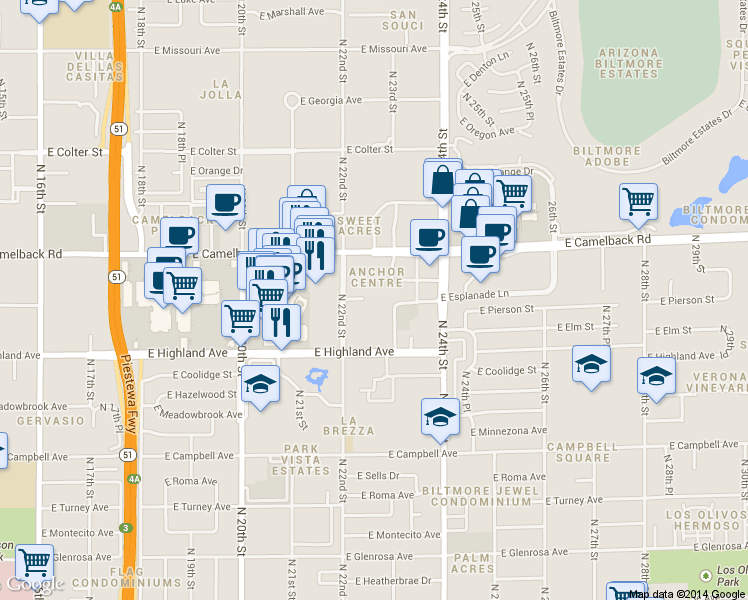 map of restaurants, bars, coffee shops, grocery stores, and more near 4745 North 22nd Street in Phoenix