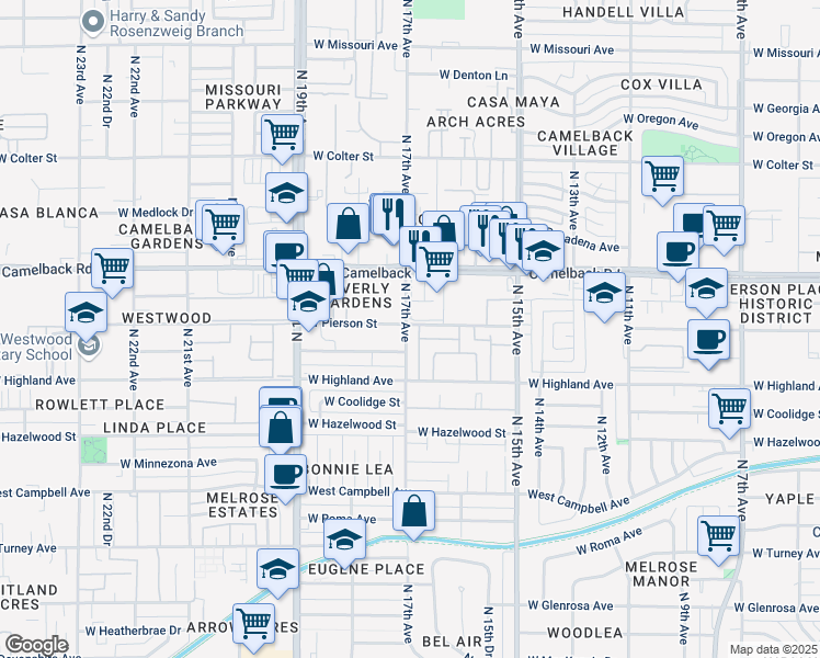 map of restaurants, bars, coffee shops, grocery stores, and more near 4733 North 17th Avenue in Phoenix