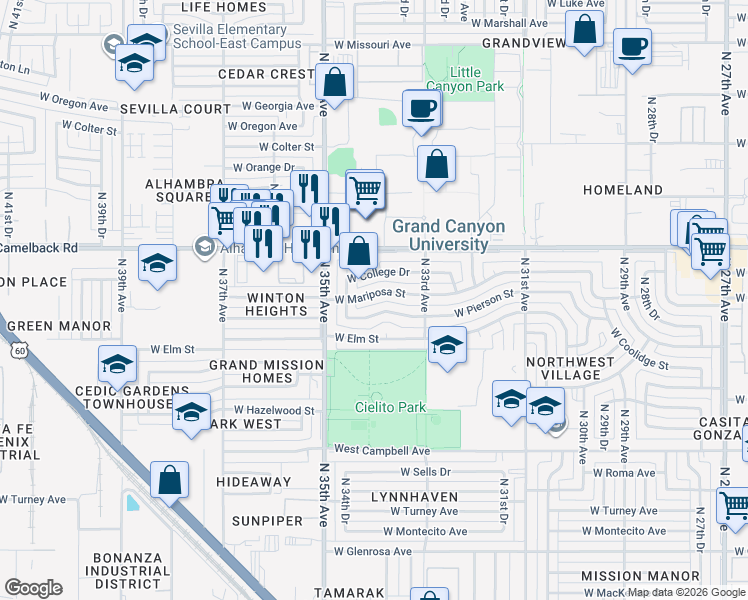 map of restaurants, bars, coffee shops, grocery stores, and more near 3412 West Pierson Street in Phoenix