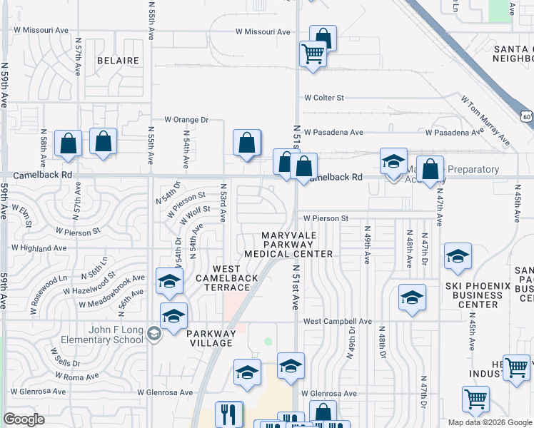 map of restaurants, bars, coffee shops, grocery stores, and more near 5201 West Camelback Road in Phoenix