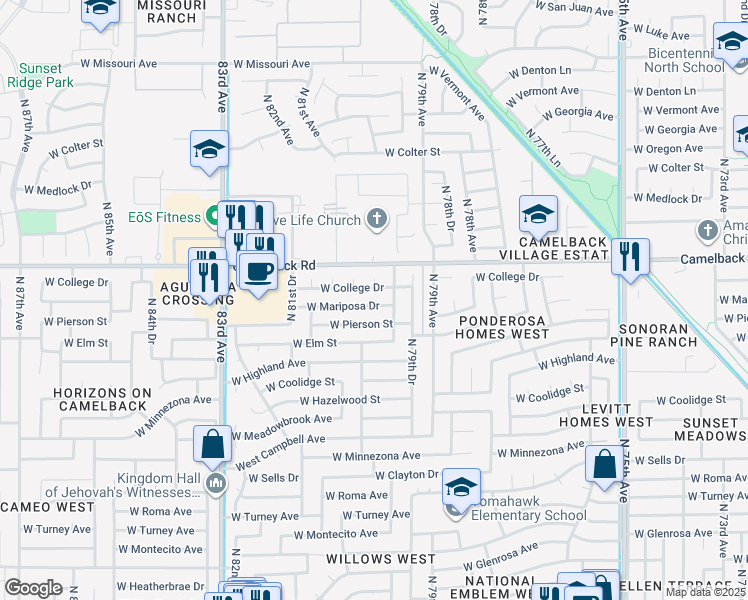 map of restaurants, bars, coffee shops, grocery stores, and more near 8008 West Pierson Street in Phoenix