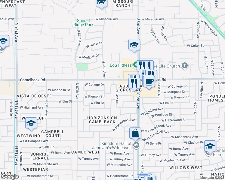 map of restaurants, bars, coffee shops, grocery stores, and more near 8453 West Pierson Street in Phoenix