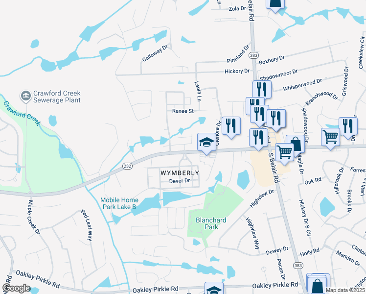 map of restaurants, bars, coffee shops, grocery stores, and more near 4600 Columbia Road in Augusta