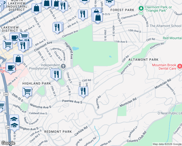 map of restaurants, bars, coffee shops, grocery stores, and more near 3400 Cliff Road in Birmingham
