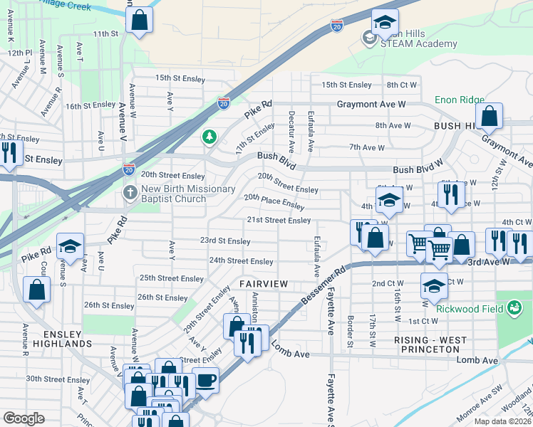 map of restaurants, bars, coffee shops, grocery stores, and more near 2729 21st Street Ensley in Birmingham