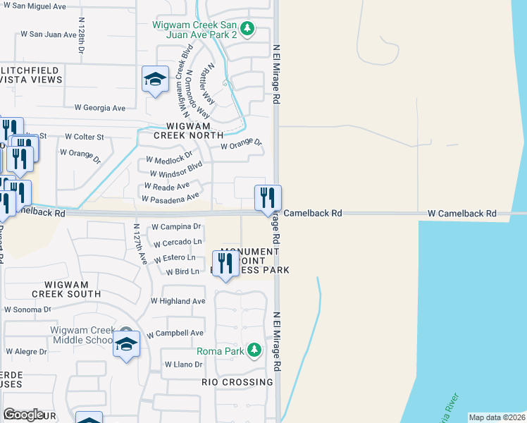 map of restaurants, bars, coffee shops, grocery stores, and more near 12350 West Camelback Road in Litchfield Park