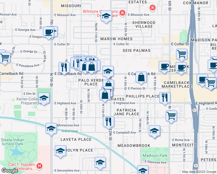 map of restaurants, bars, coffee shops, grocery stores, and more near 4802 North 12th Street in Phoenix