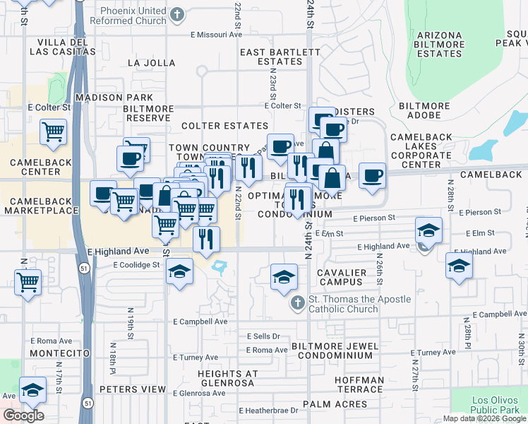 map of restaurants, bars, coffee shops, grocery stores, and more near 4745 North 22nd Street in Phoenix
