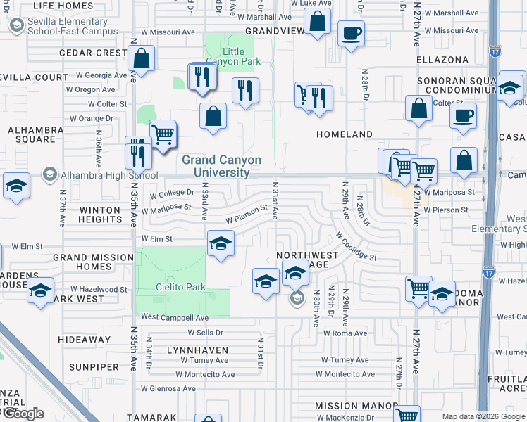 map of restaurants, bars, coffee shops, grocery stores, and more near 3115 West Elm Street in Phoenix