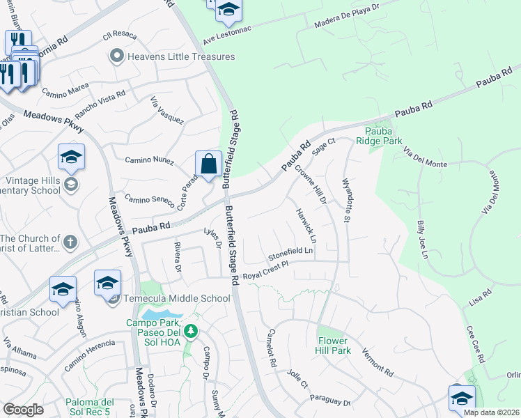 map of restaurants, bars, coffee shops, grocery stores, and more near 32856 Northshire Circle in Temecula