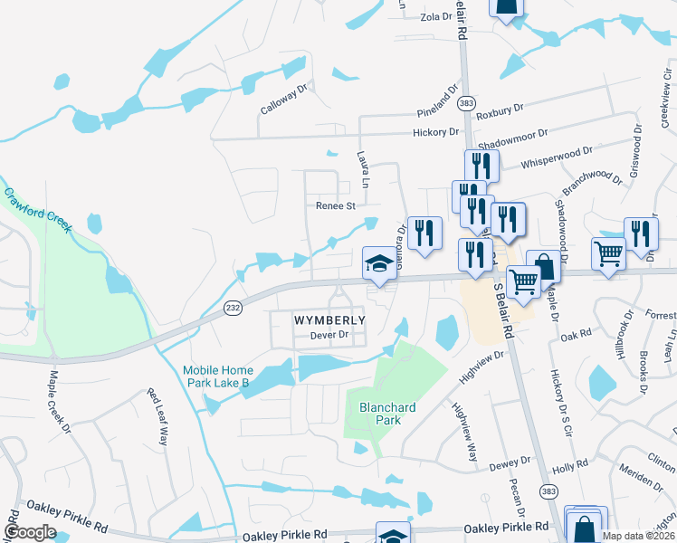 map of restaurants, bars, coffee shops, grocery stores, and more near 203 Mossy Bank Drive in Augusta