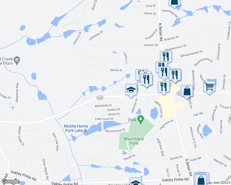 map of restaurants, bars, coffee shops, grocery stores, and more near 229 Mossy Bank Drive in Augusta
