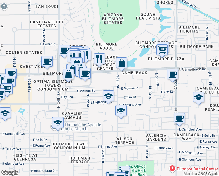map of restaurants, bars, coffee shops, grocery stores, and more near 2722 East Elm Street in Phoenix