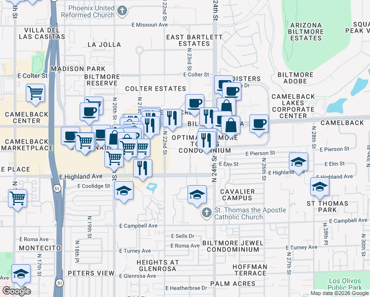 map of restaurants, bars, coffee shops, grocery stores, and more near 4745 North 22nd Street in Phoenix