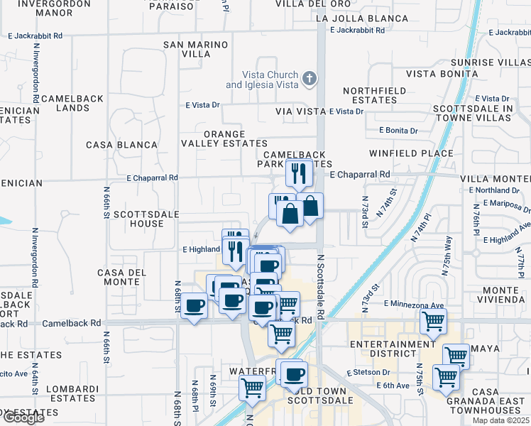 map of restaurants, bars, coffee shops, grocery stores, and more near 4848 North Goldwater Boulevard in Scottsdale