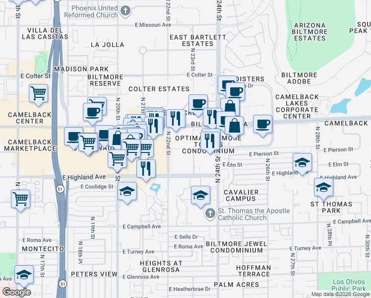 map of restaurants, bars, coffee shops, grocery stores, and more near 4745 North 22nd Street in Phoenix
