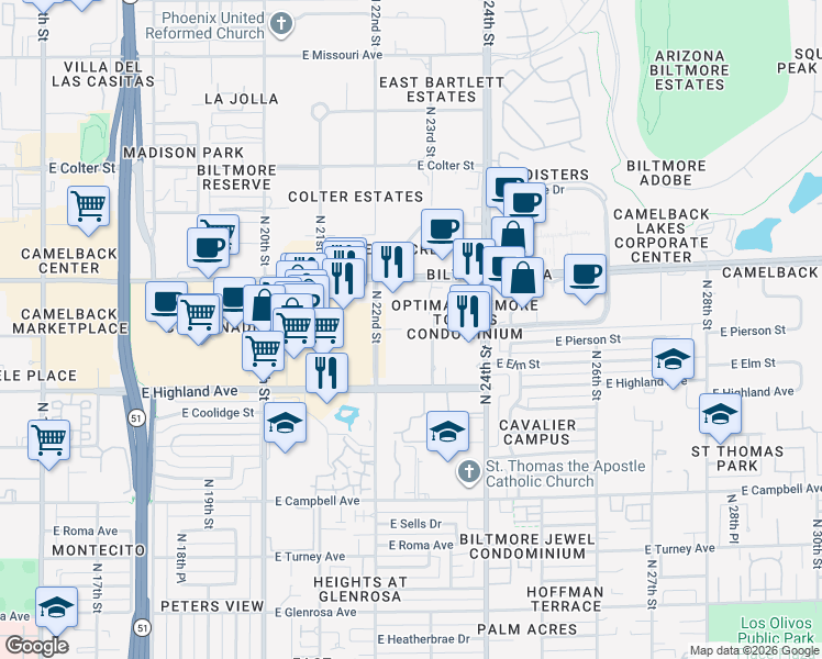 map of restaurants, bars, coffee shops, grocery stores, and more near 4745 North 22nd Street in Phoenix