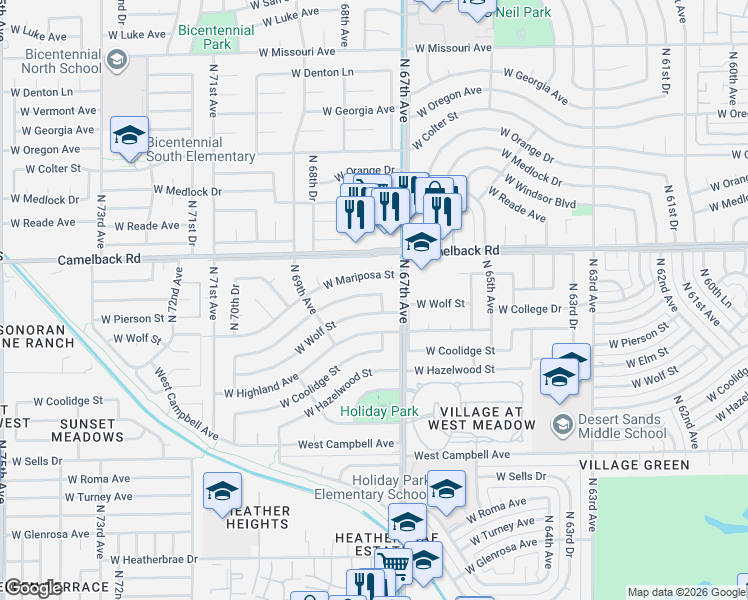 map of restaurants, bars, coffee shops, grocery stores, and more near 6729 West Wolf Street in Phoenix