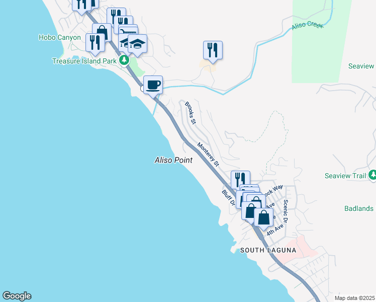 map of restaurants, bars, coffee shops, grocery stores, and more near 10 Camel Point Drive in Laguna Beach
