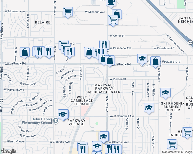 map of restaurants, bars, coffee shops, grocery stores, and more near 5201 West Camelback Road in Phoenix