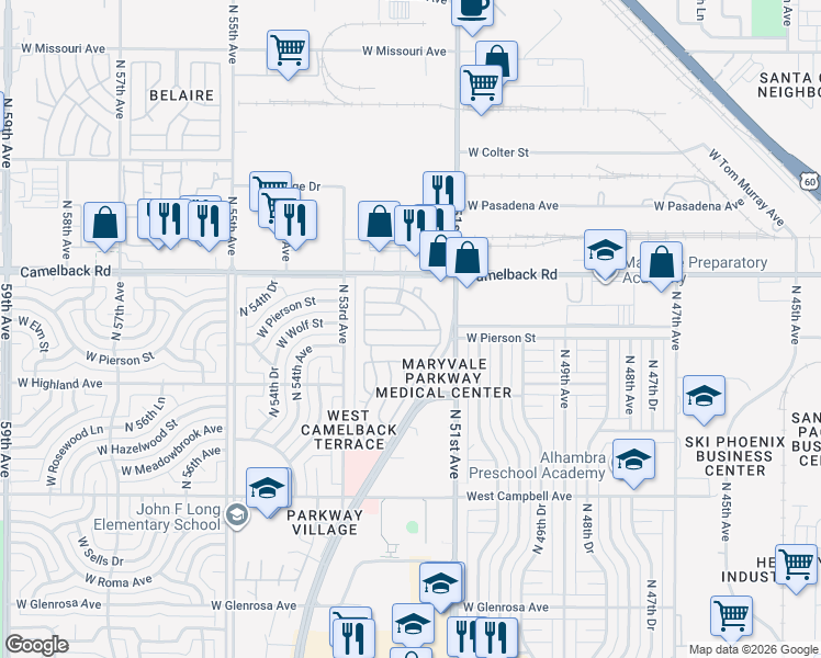map of restaurants, bars, coffee shops, grocery stores, and more near 5201 West Camelback Road in Phoenix